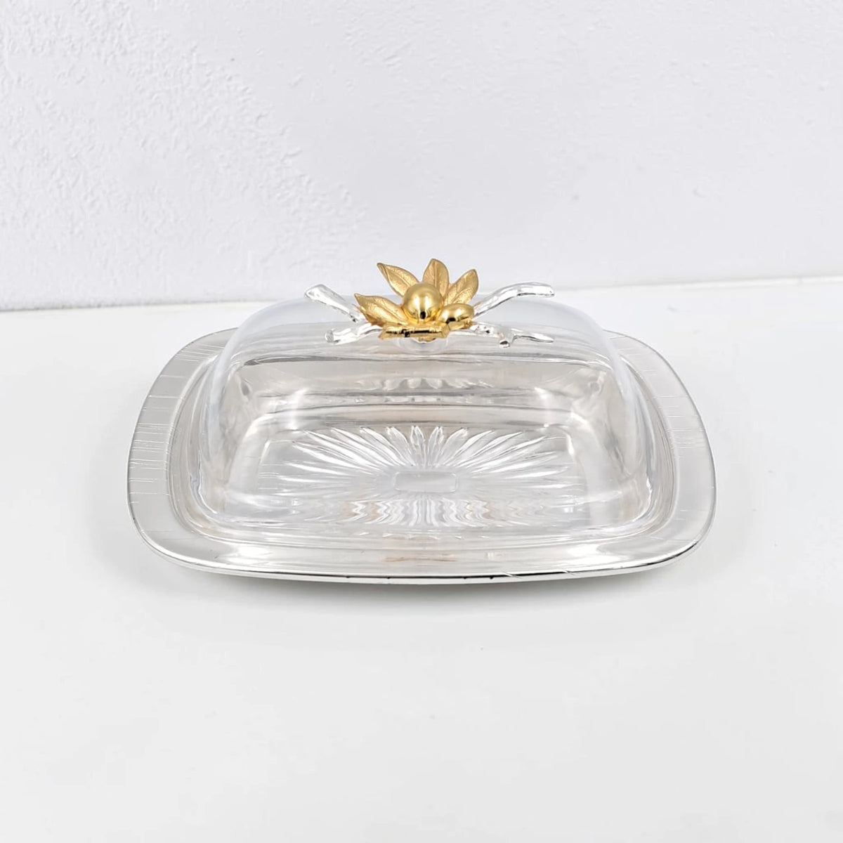 Elegant Butter Dish with Clear Lid & Gold Floral Handle – Premium Serving Tray for Butter, Cheese & Desserts (19 x 13 x 9 cm) - Damoo