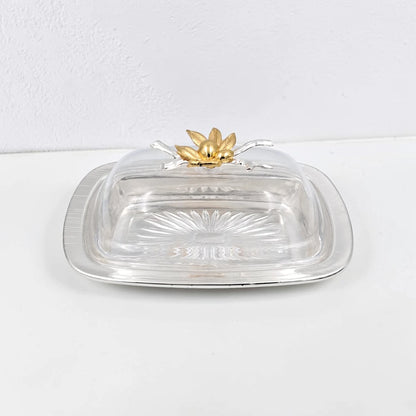 Elegant Butter Dish with Clear Lid & Gold Floral Handle – Premium Serving Tray for Butter, Cheese & Desserts (19 x 13 x 9 cm) - Damoo
