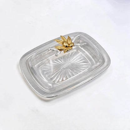 Elegant Butter Dish with Clear Lid & Gold Floral Handle – Premium Serving Tray for Butter, Cheese & Desserts (19 x 13 x 9 cm) - Damoo