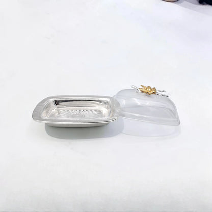 Elegant Butter Dish with Clear Lid & Gold Floral Handle – Premium Serving Tray for Butter, Cheese & Desserts (19 x 13 x 9 cm) - Damoo