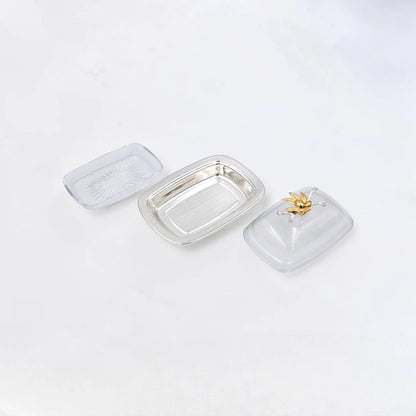 Elegant Butter Dish with Clear Lid & Gold Floral Handle – Premium Serving Tray for Butter, Cheese & Desserts (19 x 13 x 9 cm) - Damoo