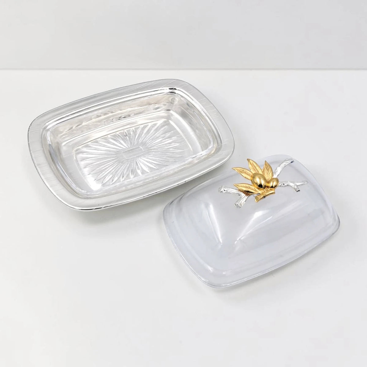 Elegant Butter Dish with Clear Lid & Gold Floral Handle – Premium Serving Tray for Butter, Cheese & Desserts (19 x 13 x 9 cm) - Damoo