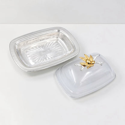 Elegant Butter Dish with Clear Lid & Gold Floral Handle – Premium Serving Tray for Butter, Cheese & Desserts (19 x 13 x 9 cm) - Damoo