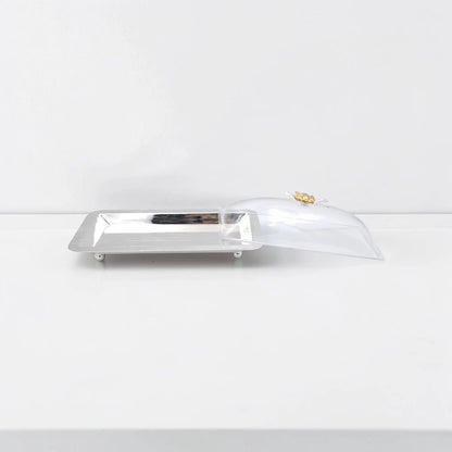 Elegant Rectangular Butter Dish with Clear Lid & Gold Floral Handle – Premium Serving Tray for Butter, Cheese & Desserts (32 x 16 x 12 cm) - Damoo