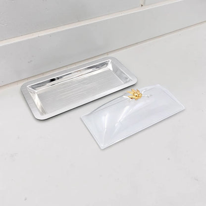 Elegant Rectangular Butter Dish with Clear Lid & Gold Floral Handle – Premium Serving Tray for Butter, Cheese & Desserts (32 x 16 x 12 cm) - Damoo