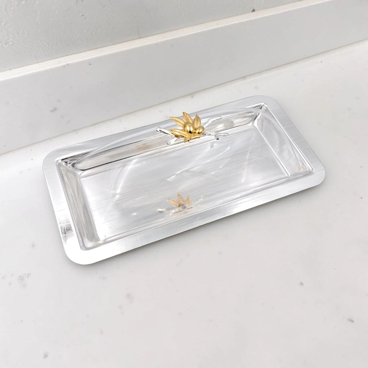 Elegant Rectangular Butter Dish with Clear Lid & Gold Floral Handle – Premium Serving Tray for Butter, Cheese & Desserts (32 x 16 x 12 cm) - Damoo