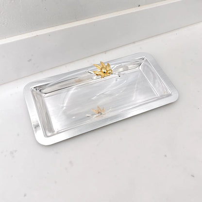 Elegant Rectangular Butter Dish with Clear Lid & Gold Floral Handle – Premium Serving Tray for Butter, Cheese & Desserts (32 x 16 x 12 cm) - Damoo