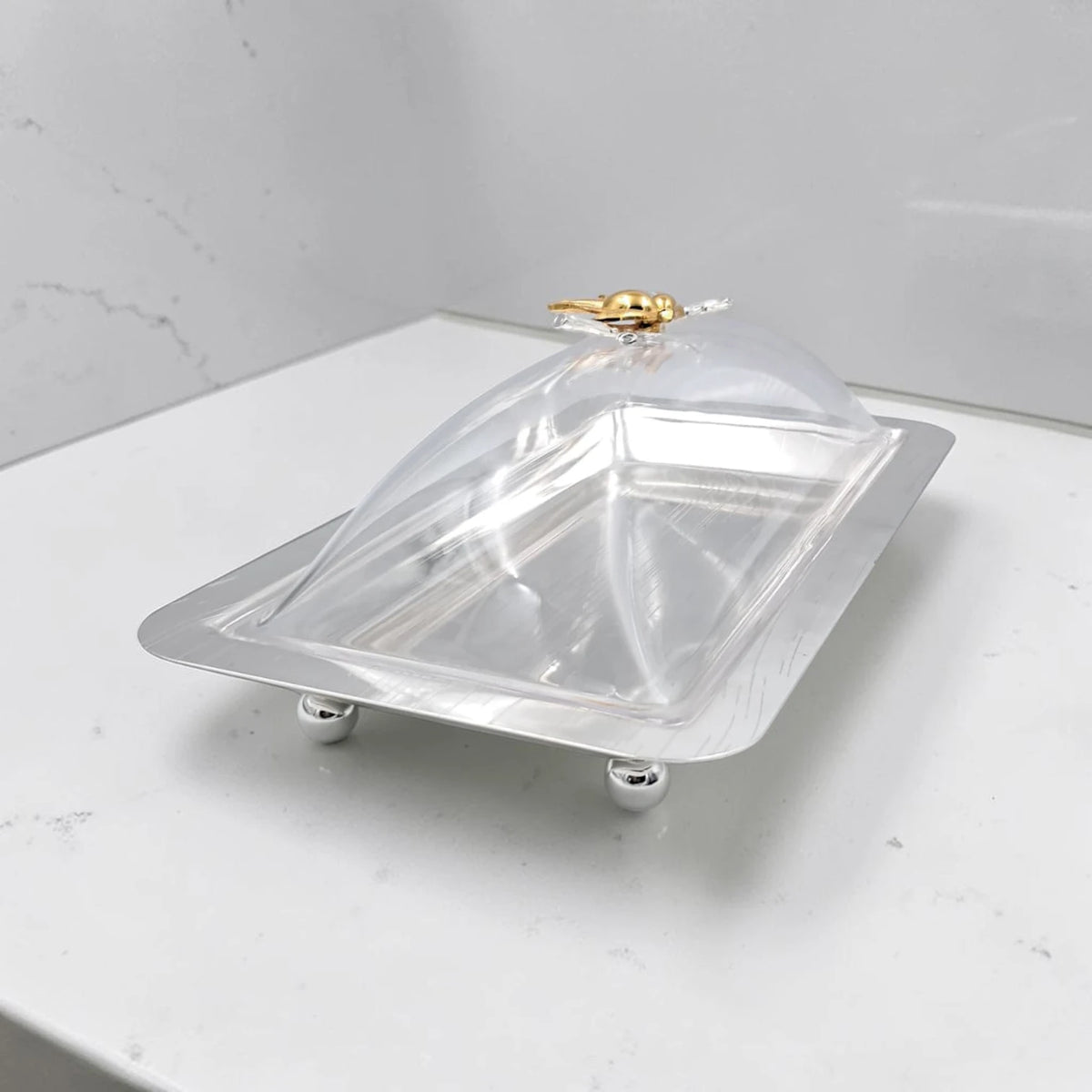 Elegant Rectangular Butter Dish with Clear Lid & Gold Floral Handle – Premium Serving Tray for Butter, Cheese & Desserts (32 x 16 x 12 cm) - Damoo