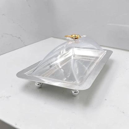Elegant Rectangular Butter Dish with Clear Lid & Gold Floral Handle – Premium Serving Tray for Butter, Cheese & Desserts (32 x 16 x 12 cm) - Damoo