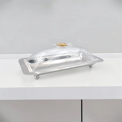 Elegant Rectangular Butter Dish with Clear Lid & Gold Floral Handle – Premium Serving Tray for Butter, Cheese & Desserts (32 x 16 x 12 cm) - Damoo