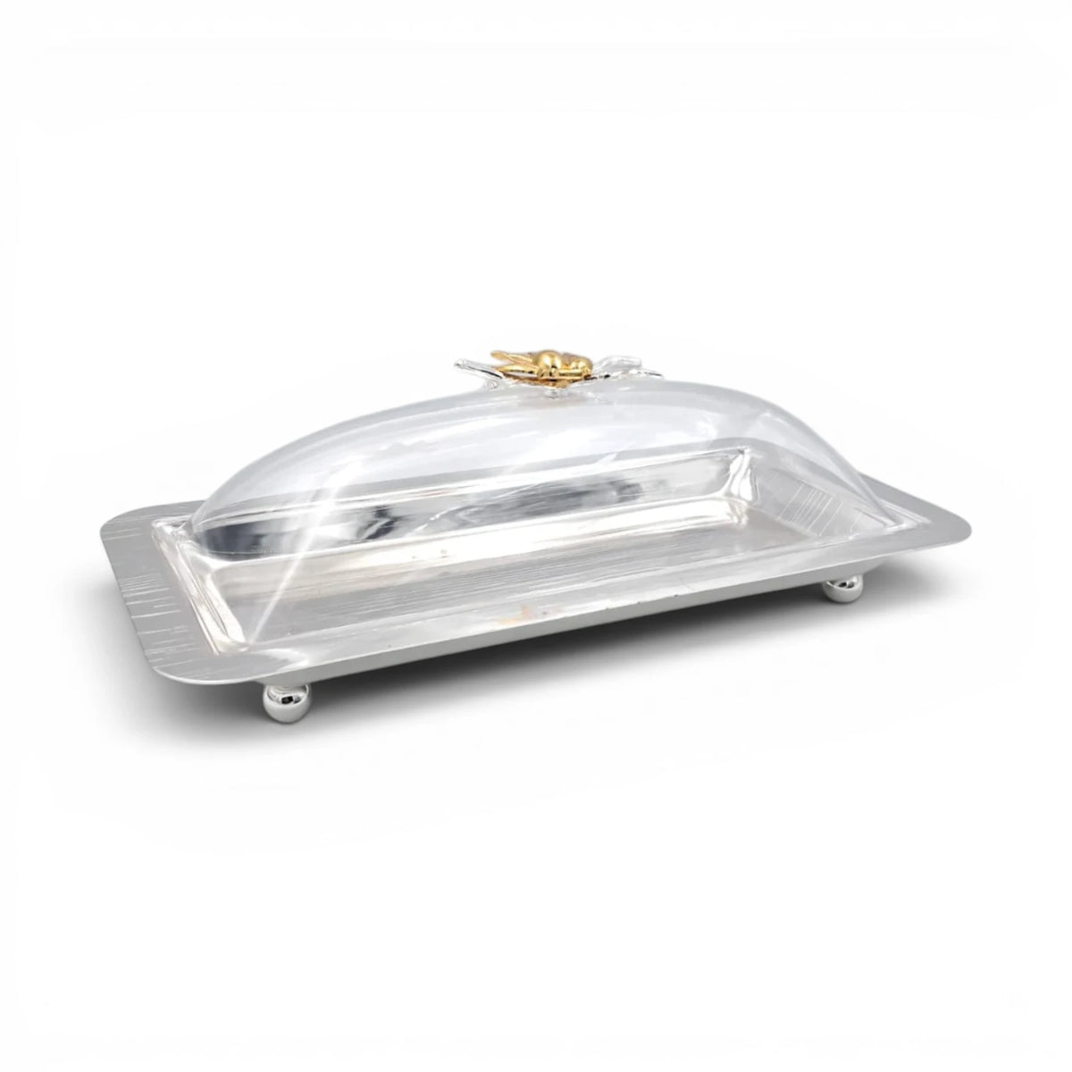 Elegant Rectangular Butter Dish with Clear Lid & Gold Floral Handle – Premium Serving Tray for Butter, Cheese & Desserts (32 x 16 x 12 cm) - Damoo