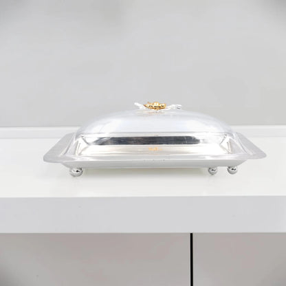 Elegant Rectangular Butter Dish with Clear Lid & Gold Floral Handle – Premium Serving Tray for Butter, Cheese & Desserts (32 x 16 x 12 cm) - Damoo