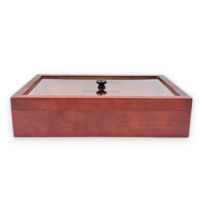 Wooden Storage Organizer Box with Transparent Glass Lid – Multi Compartment Display Case for Jewelry, Accessories, Tea Bags & Small Essentials (9H x 38L × 26W CM) - Damoo