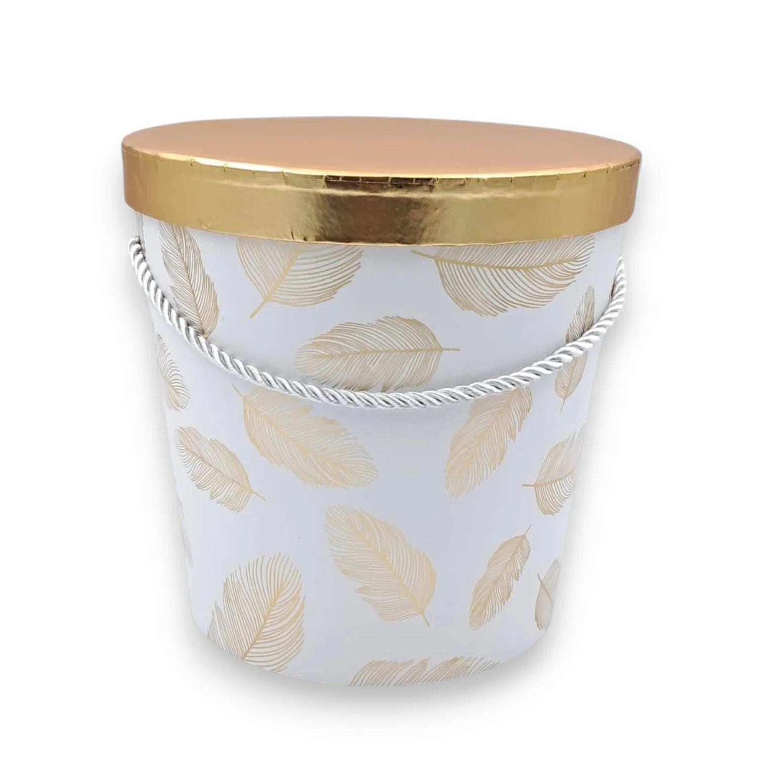 Round Floral Gift Storage Box with Lid and Rope Handle – Decorative Feather Pattern Gift Box for Flowers, Hampers, Chocolates & Special Occasions - Damoo