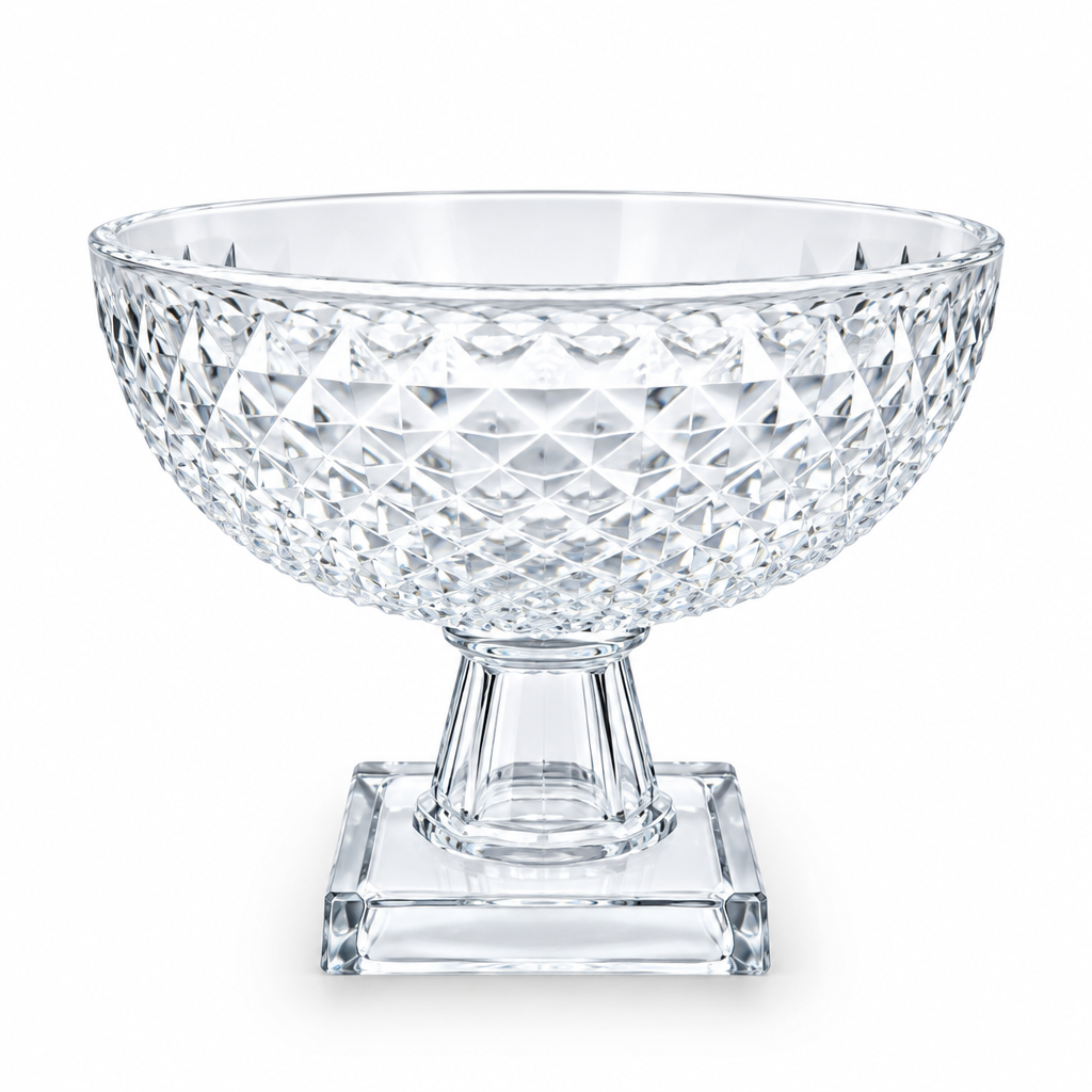 Metropolitan Clear Glass Pedestal Serving Bowl Decorative Fruit & Dessert Display Stand with Textured Diamond Pattern for Dining Table Centerpiece (18H x 23L x 23W CM x Base 10.5CM)