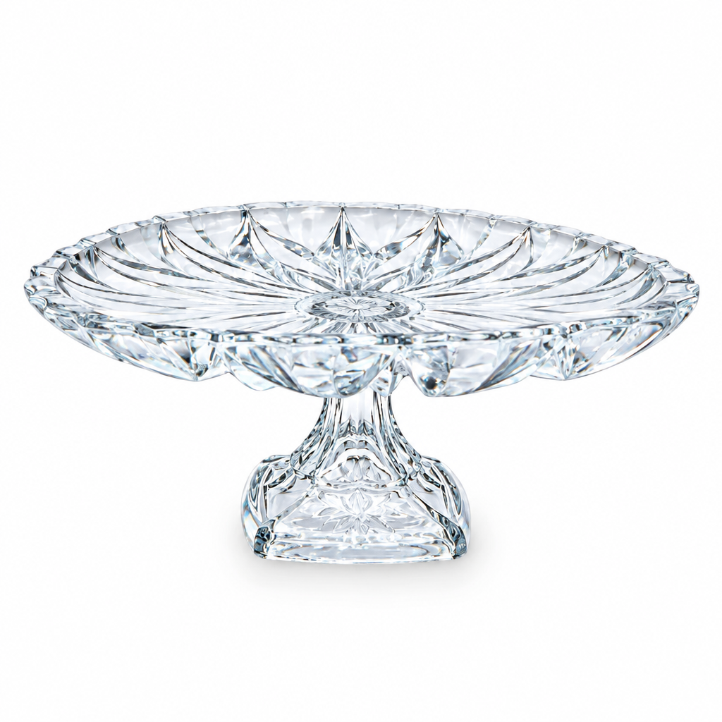 Luxury Clear Glass Cake Stand with Decorative Floral Pattern Pedestal Serving Tray for Desserts & Pastries (12H x 31L x 31W CM)