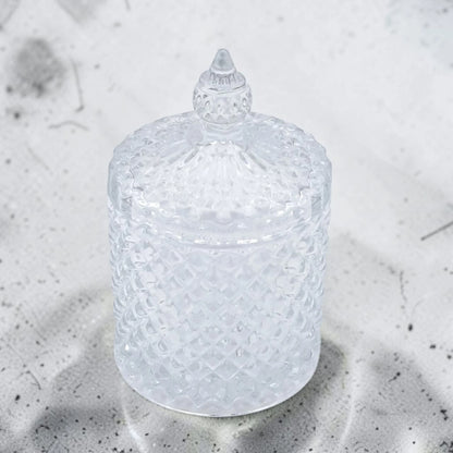 Deli Glassware Decorative Glass Candy Jar with Lid – Crystal Pattern Storage Container for Candy, Sugar, Chocolates, Nuts & Small Treats (11H x 7L × 7W CM)