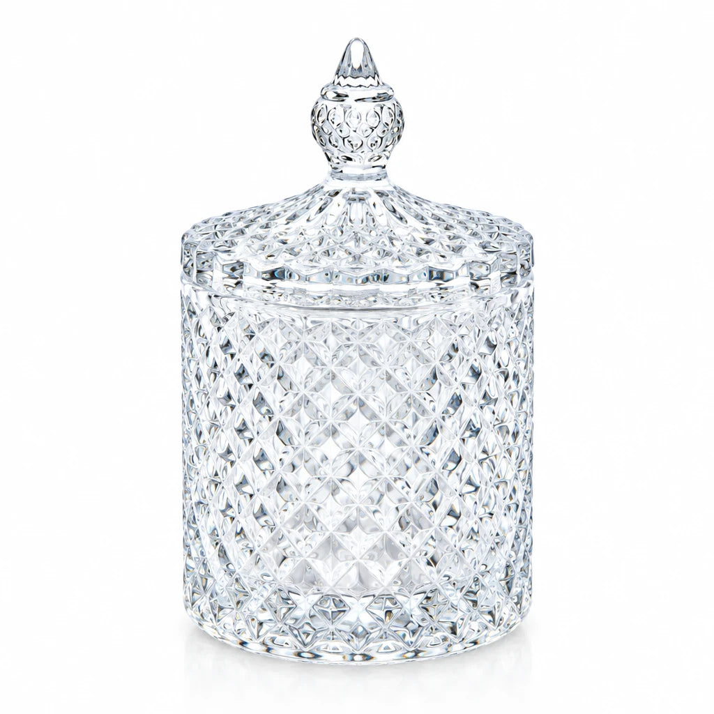 Deli Glassware Decorative Glass Candy Jar with Lid – Crystal Pattern Storage Container for Candy, Sugar, Chocolates, Nuts & Small Treats (11H x 7L × 7W CM)