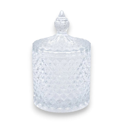 Deli Glassware Decorative Glass Candy Jar with Lid – Crystal Pattern Storage Container for Candy, Sugar, Chocolates, Nuts & Small Treats (11H x 7L × 7W CM)