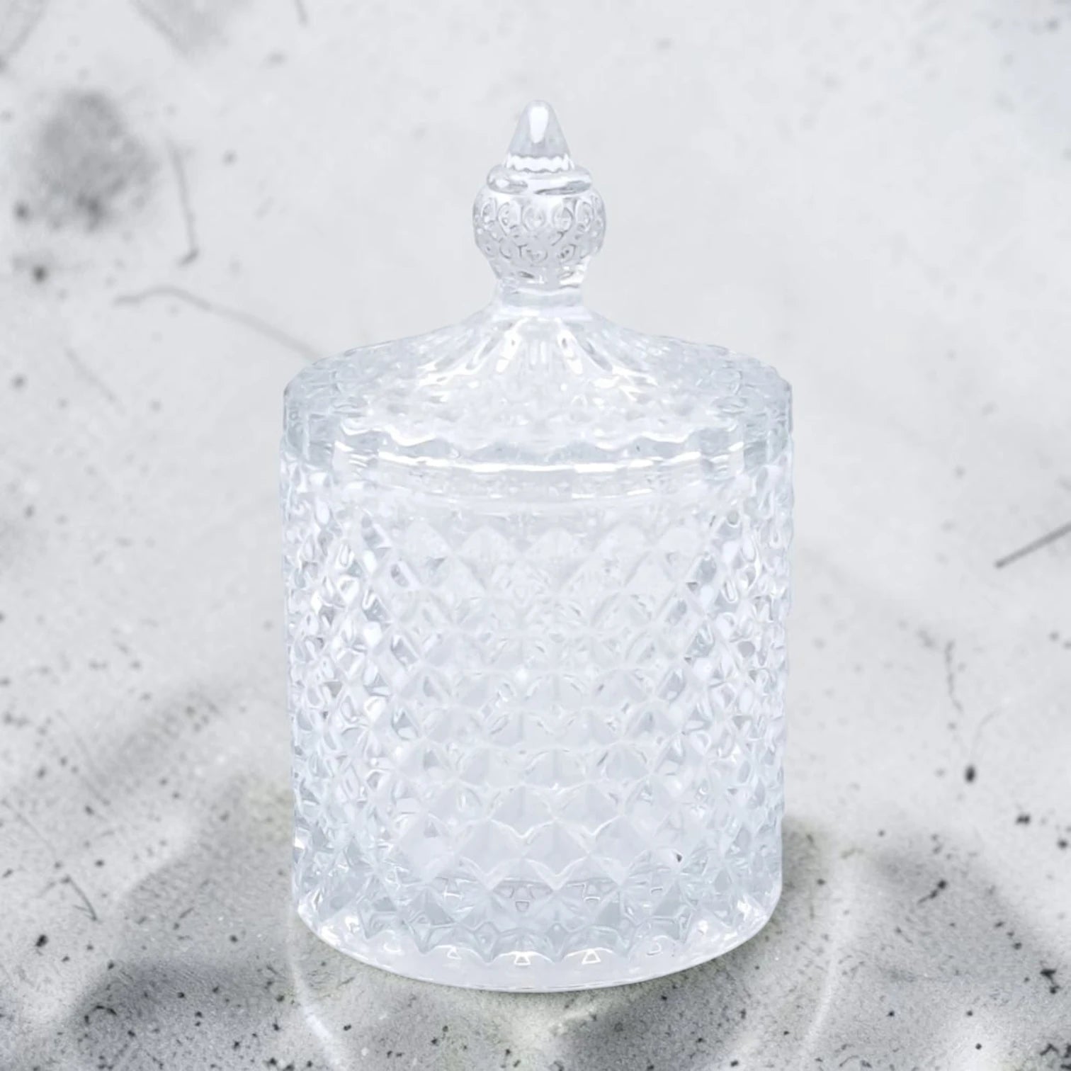 Deli Glassware Decorative Glass Candy Jar with Lid – Crystal Pattern Storage Container for Candy, Sugar, Chocolates, Nuts & Small Treats (11H x 7L × 7W CM)