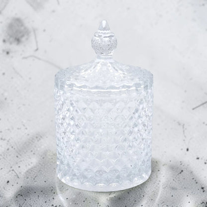Deli Glassware Decorative Glass Candy Jar with Lid – Crystal Pattern Storage Container for Candy, Sugar, Chocolates, Nuts & Small Treats (11H x 7L × 7W CM)
