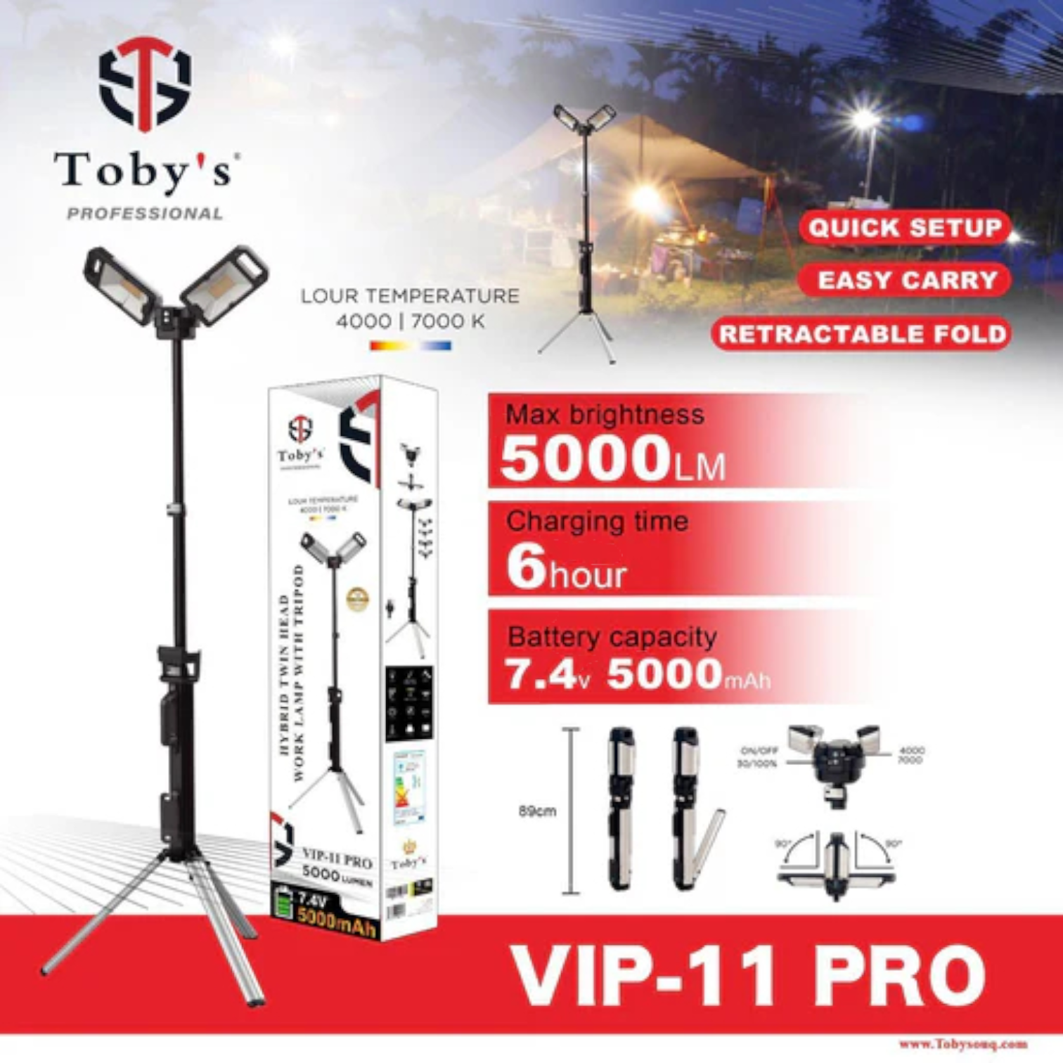 Toby’s VIP-11 Ultra Professional Camping Light | 5000 Lumens LED Floodlight with Tripod Stand | 14.6V 4000mAh Rechargeable Battery | Outdoor Fishing, Party, and Emergency Lighting - Damoo
