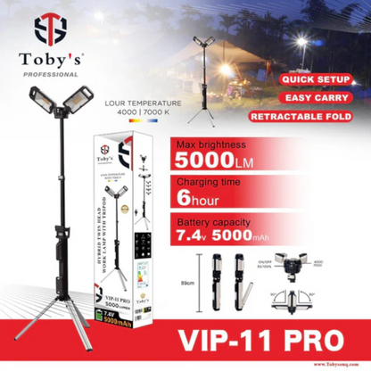 Toby’s VIP-11 Ultra Professional Camping Light | 5000 Lumens LED Floodlight with Tripod Stand | 14.6V 4000mAh Rechargeable Battery | Outdoor Fishing, Party, and Emergency Lighting - Damoo
