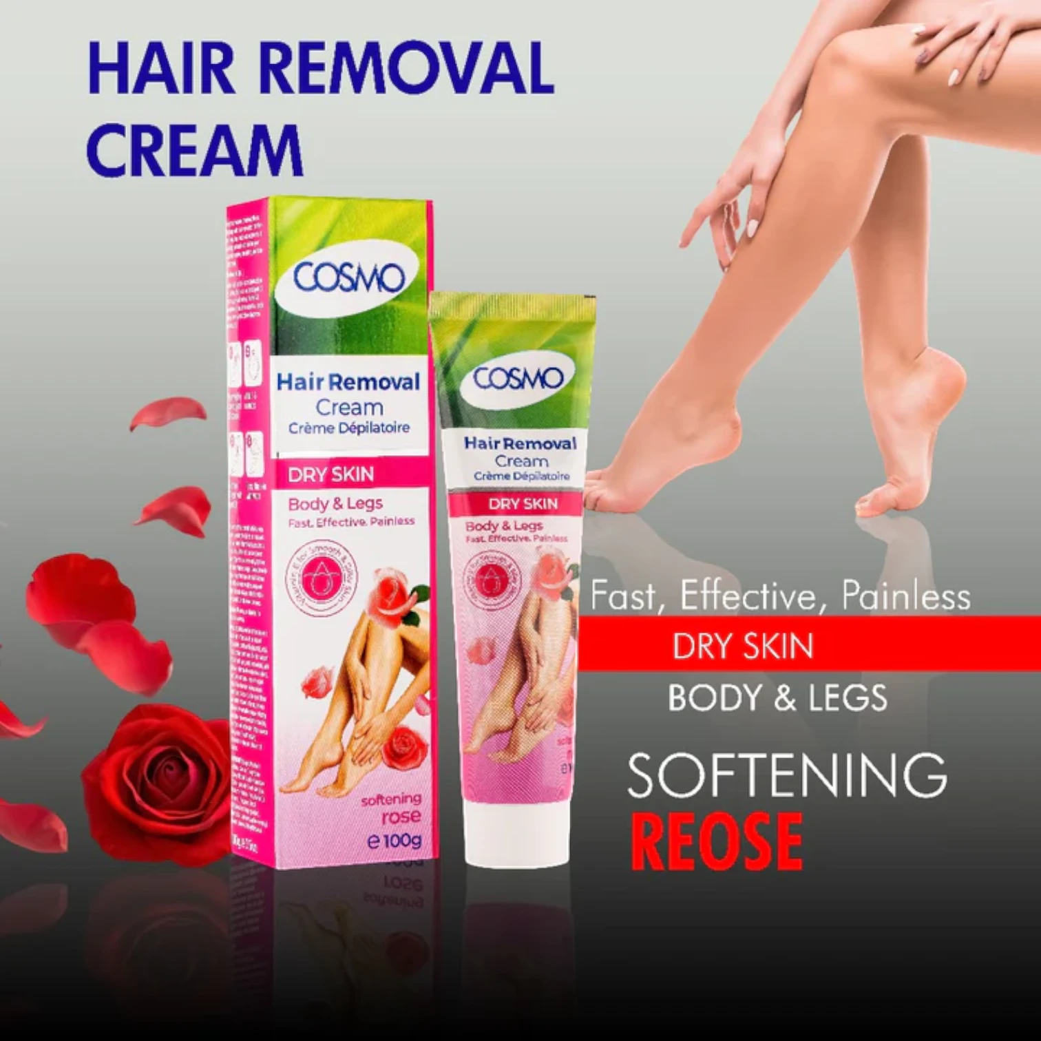 Cosmo Hair Removal Cream for Dry Skin – 100ml | Rose-Enriched Formula | Smooth & Hydrated Skin for Legs, Underarms, Bikini & More - Damoo