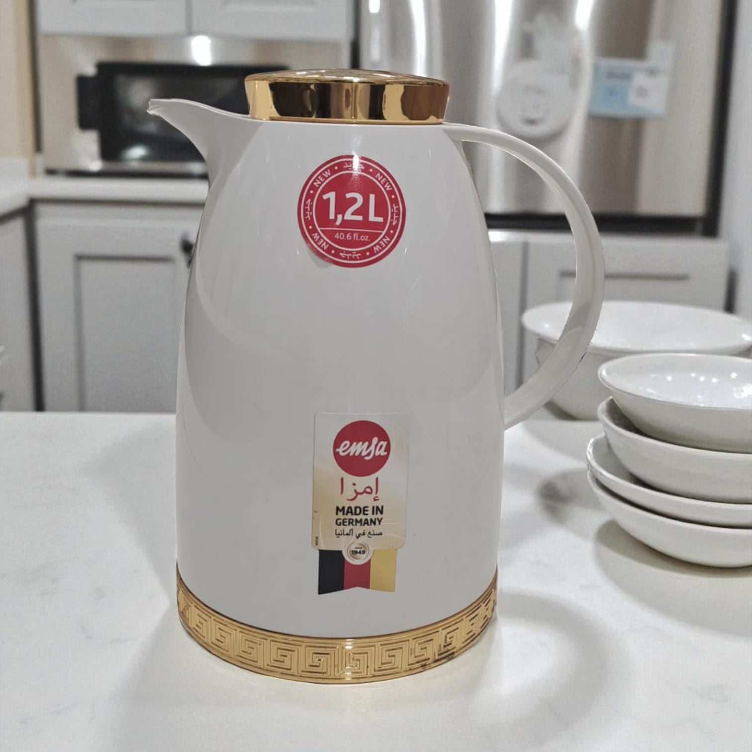 Emsa Thermos 1.2L – Elegant White & Gold Vacuum Flask with Heat Retention, Leakproof Lid, and Classic European Design for Coffee, Tea & Hospitality Serving - Damoo