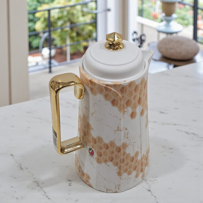 HAMID  Vacuum Flask – Luxury Honeycomb Pattern Thermal Jug with Golden Lid & Handle | Elegant Insulated Coffee & Tea Pot, Double-Wall Heat Retention for Home, Office & Gifting - Damoo