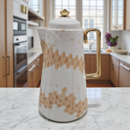 HAMID  Vacuum Flask – Luxury Honeycomb Pattern Thermal Jug with Golden Lid & Handle | Elegant Insulated Coffee & Tea Pot, Double-Wall Heat Retention for Home, Office & Gifting - Damoo