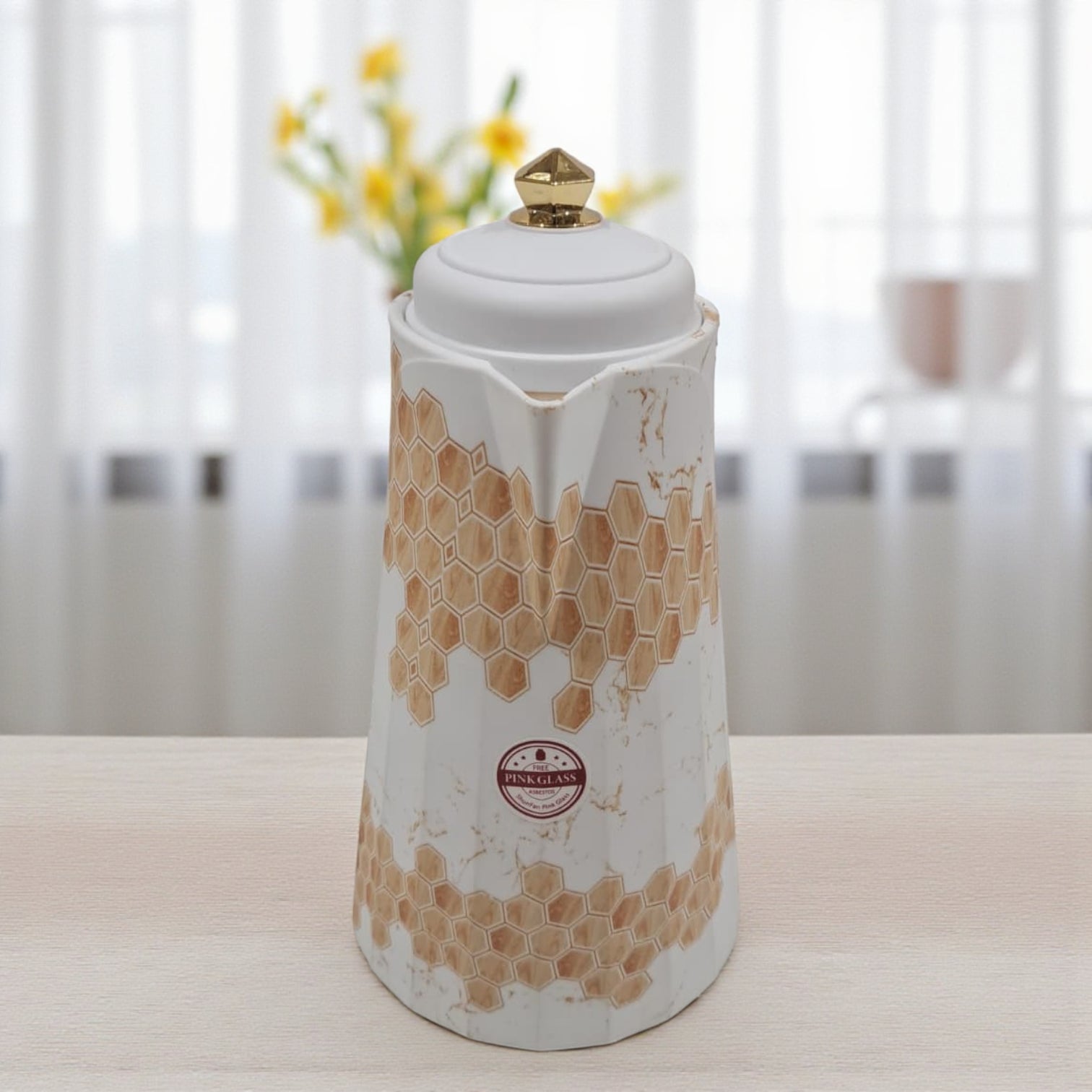 HAMID  Vacuum Flask – Luxury Honeycomb Pattern Thermal Jug with Golden Lid & Handle | Elegant Insulated Coffee & Tea Pot, Double-Wall Heat Retention for Home, Office & Gifting - Damoo