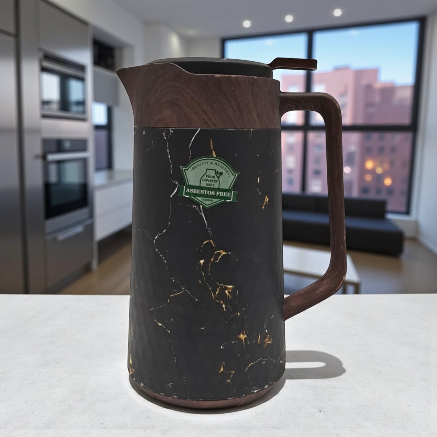 Lavin Luxurious Life 1L Black Marble & Wood Finish Vacuum Flask – Elegant Thermal Coffee & Tea Pot | Double-Wall Insulated Jug for Hot & Cold Drinks - Damoo