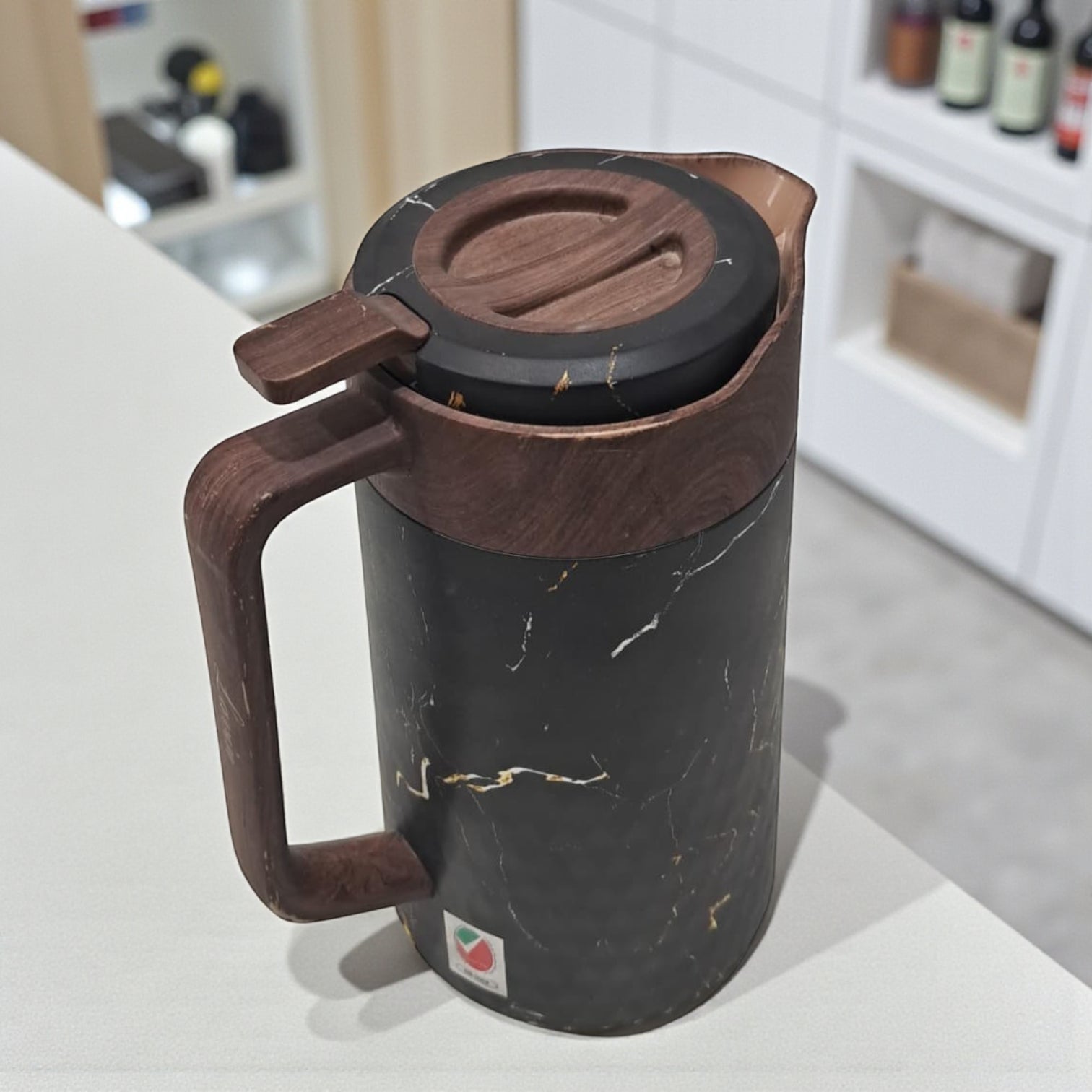 Lavin Luxurious Life 1L Black Marble & Wood Finish Vacuum Flask – Elegant Thermal Coffee & Tea Pot | Double-Wall Insulated Jug for Hot & Cold Drinks - Damoo