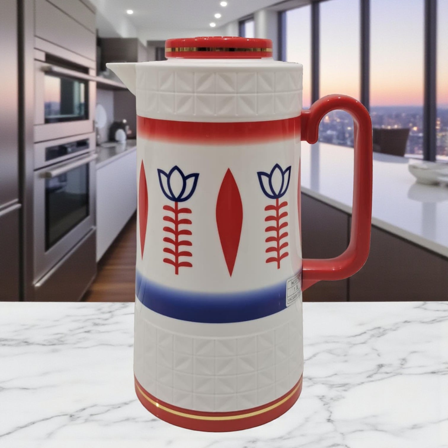 DAMOO Original Red & White Thermos Flask – 1L Hot & Cold Vacuum Jug with Easy Pour Handle | Insulated Plastic Kettle for Coffee, Tea & Water - Damoo