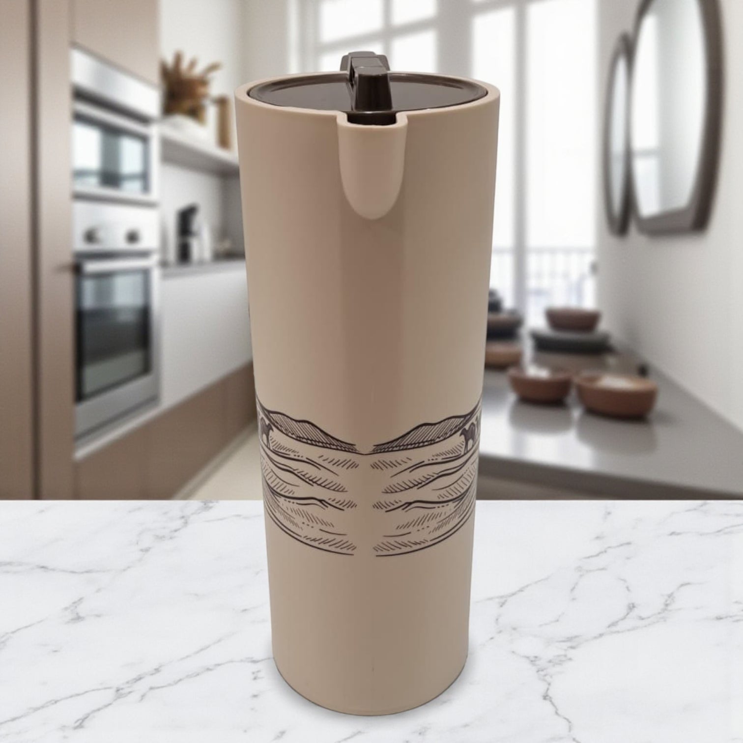 1L Arabic Style Vacuum Flask with Camel Desert Design – Double Wall Insulated Coffee Thermos with Secure Lid and Ergonomic Handle - Damoo
