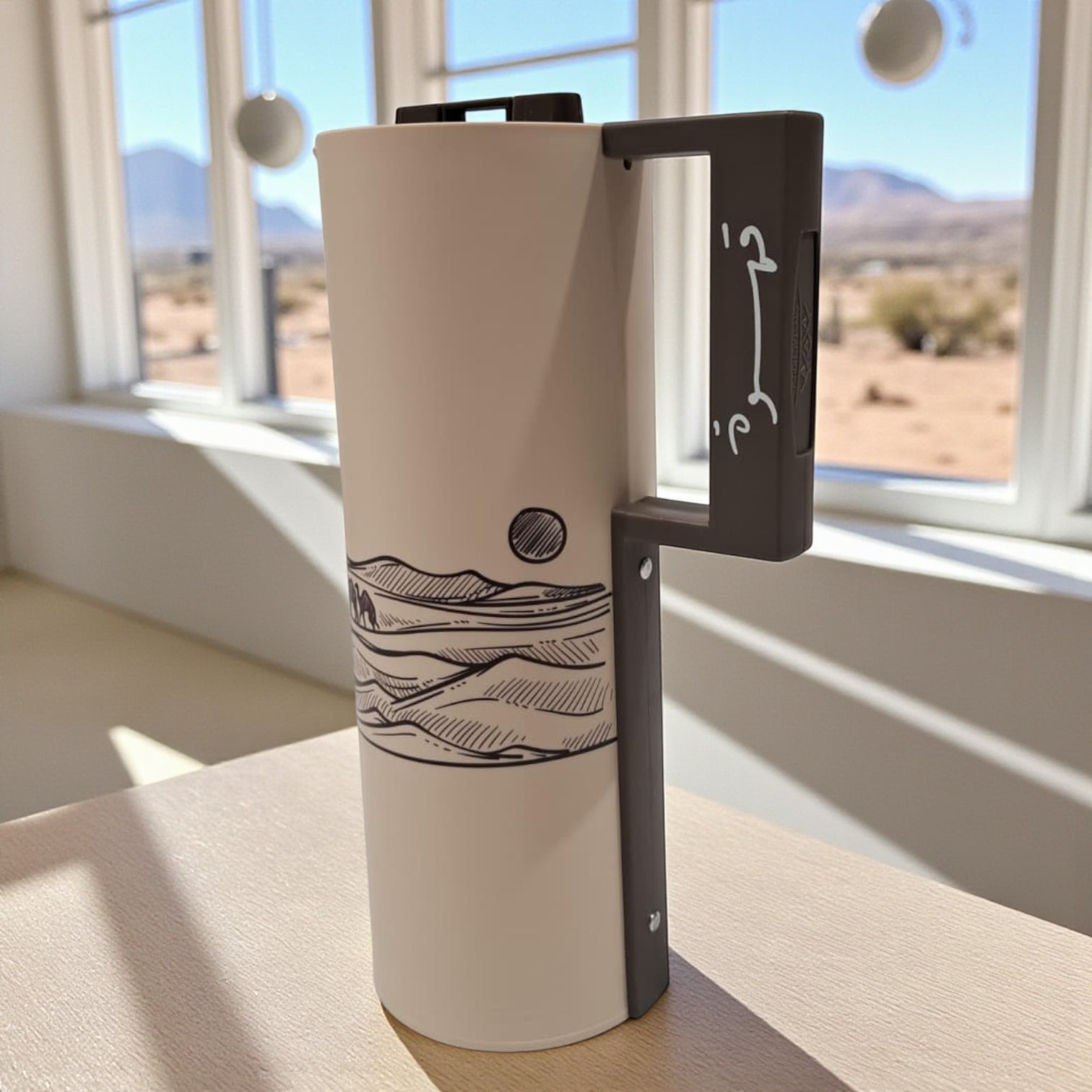 1L Arabic Style Vacuum Flask with Camel Desert Design – Double Wall Insulated Coffee Thermos with Secure Lid and Ergonomic Handle - Damoo