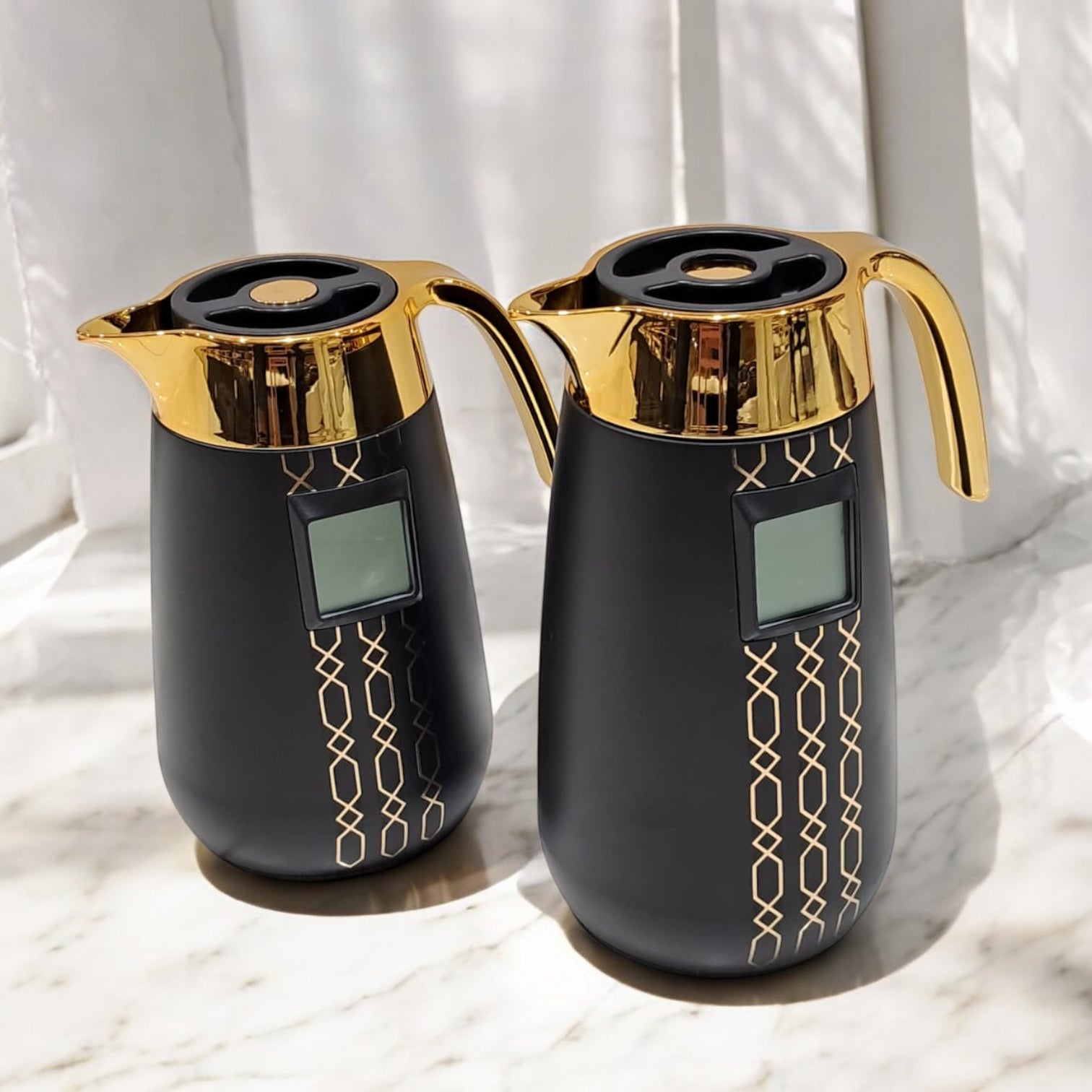 Palermo Temperature Thermos Dallah FL-333 – Pack of 2 Jugs (1.0L + 0.7L) | Smart Temperature Display Coffee & Tea Flask Set | Gold & Silver Vacuum Insulated Thermos - Damoo