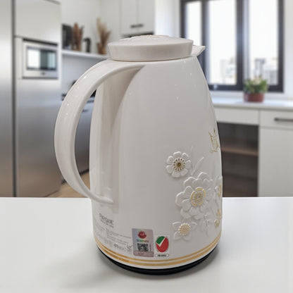 Regal 1.0 Liter Premium Floral Vacuum Flask – Double Wall Insulated Coffee & Tea Thermos with Embossed Design, Elegant Lid & Comfortable Handle – Ideal for Home, Office, and Gifting