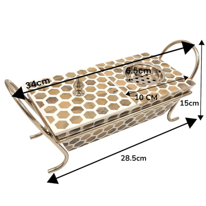 Luxury Hexagonal Mosaic Metal Incense Burner with Lid & Handles – Elegant Decorative Mabkhara for Oud, Bukhoor & Charcoal – Handcrafted Gold & Beige Mosaic Design for Home, Office, Majlis & Ramadan Décor - Damoo
