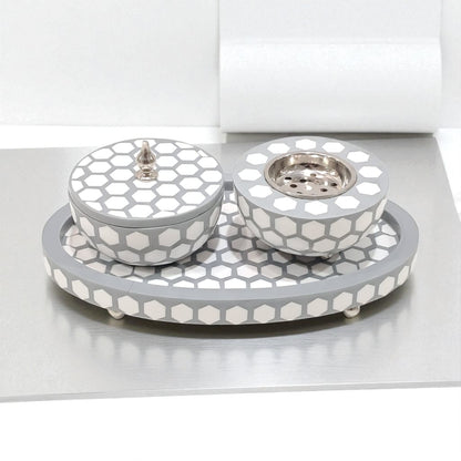 Luxury Hexagonal Mosaic Bukhoor & Mabkhara Set with Lid and Tray – Elegant Polyresin Home Fragrance Holder for Incense and Bakhoor Display - Damoo