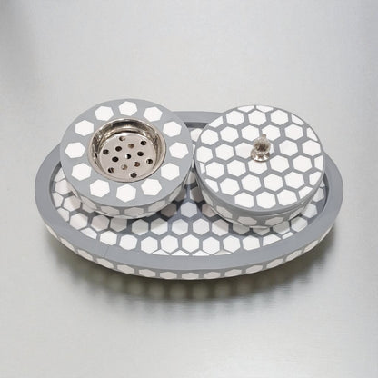 Luxury Hexagonal Mosaic Bukhoor & Mabkhara Set with Lid and Tray – Elegant Polyresin Home Fragrance Holder for Incense and Bakhoor Display - Damoo