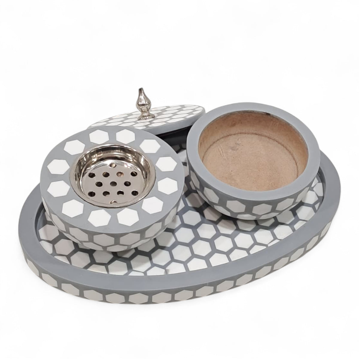 Luxury Hexagonal Mosaic Bukhoor & Mabkhara Set with Lid and Tray – Elegant Polyresin Home Fragrance Holder for Incense and Bakhoor Display - Damoo