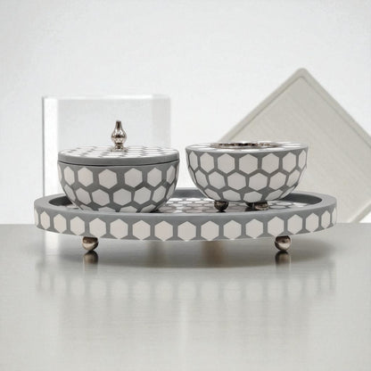 Luxury Hexagonal Mosaic Bukhoor & Mabkhara Set with Lid and Tray – Elegant Polyresin Home Fragrance Holder for Incense and Bakhoor Display - Damoo