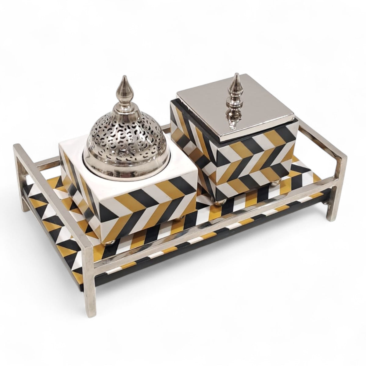 Luxury Geometric Bukhoor & Mabkhara Set with Metal Lid and Tray – Modern Black, White & Gold Resin Incense Burner for Home, Majlis & Gifting - Damoo