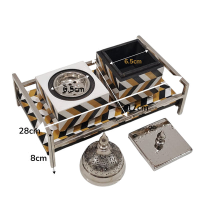 Luxury Geometric Bukhoor & Mabkhara Set with Metal Lid and Tray – Modern Black, White & Gold Resin Incense Burner for Home, Majlis & Gifting - Damoo