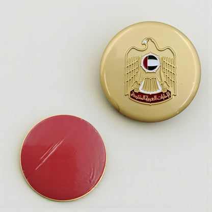 UAE National Emblem Round Metal Badge – Elegant Golden Finish Pin with Official Eagle Crest for National Day, Flag Day, and Corporate Celebrations - Damoo