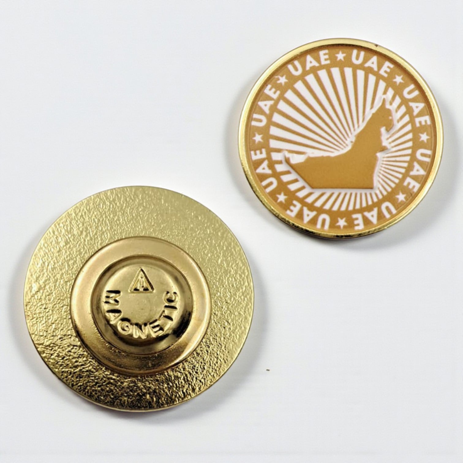 UAE National Map Round Badge – Elegant Golden Metal Pin with Radiant Design for National Day, Flag Day, and Patriotic Celebrations - Damoo