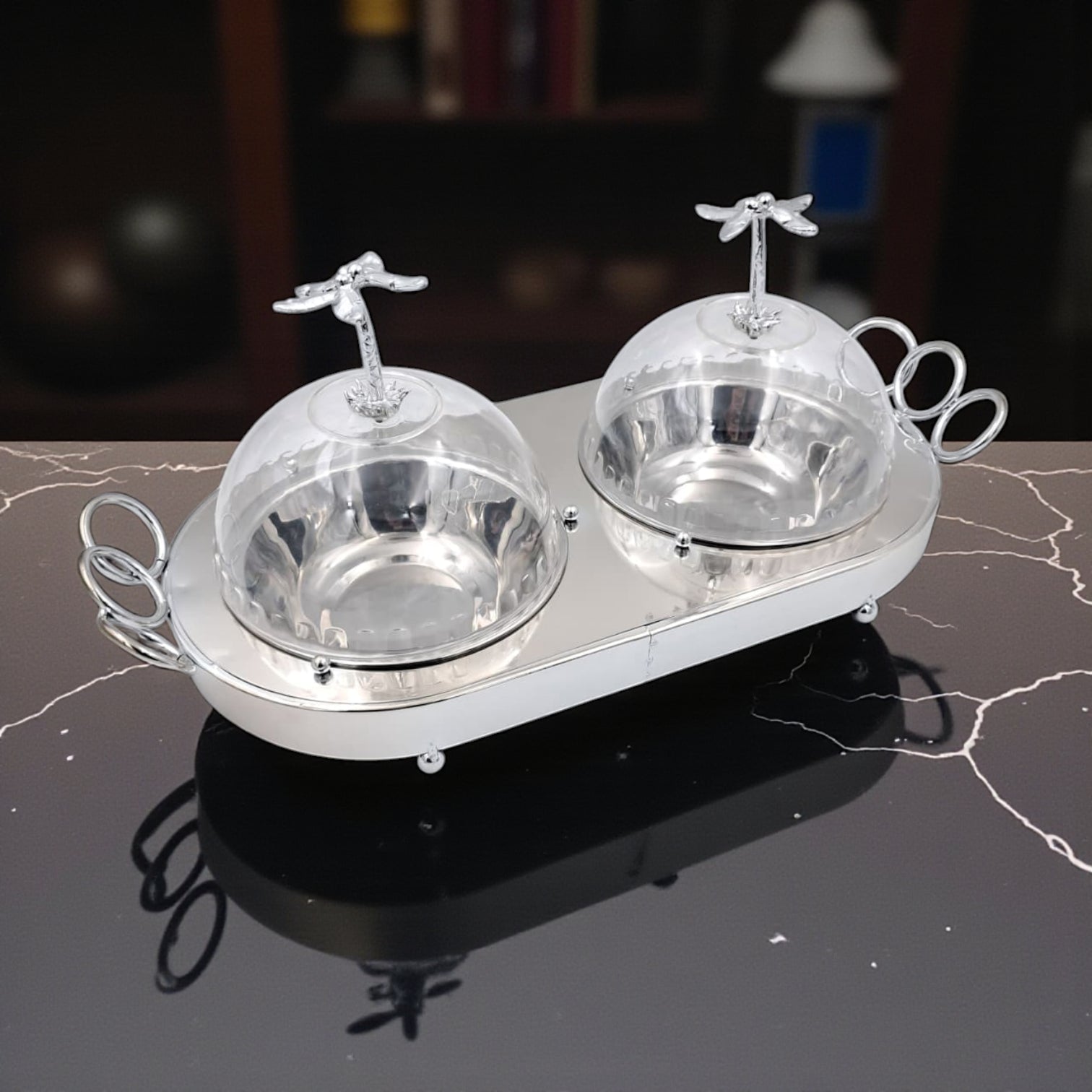 Double Dome Palm Tree Serving Tray – Silver Metal Base with Clear Acrylic Lids | Elegant Dual Dish Server for Desserts, Snacks & Sweets