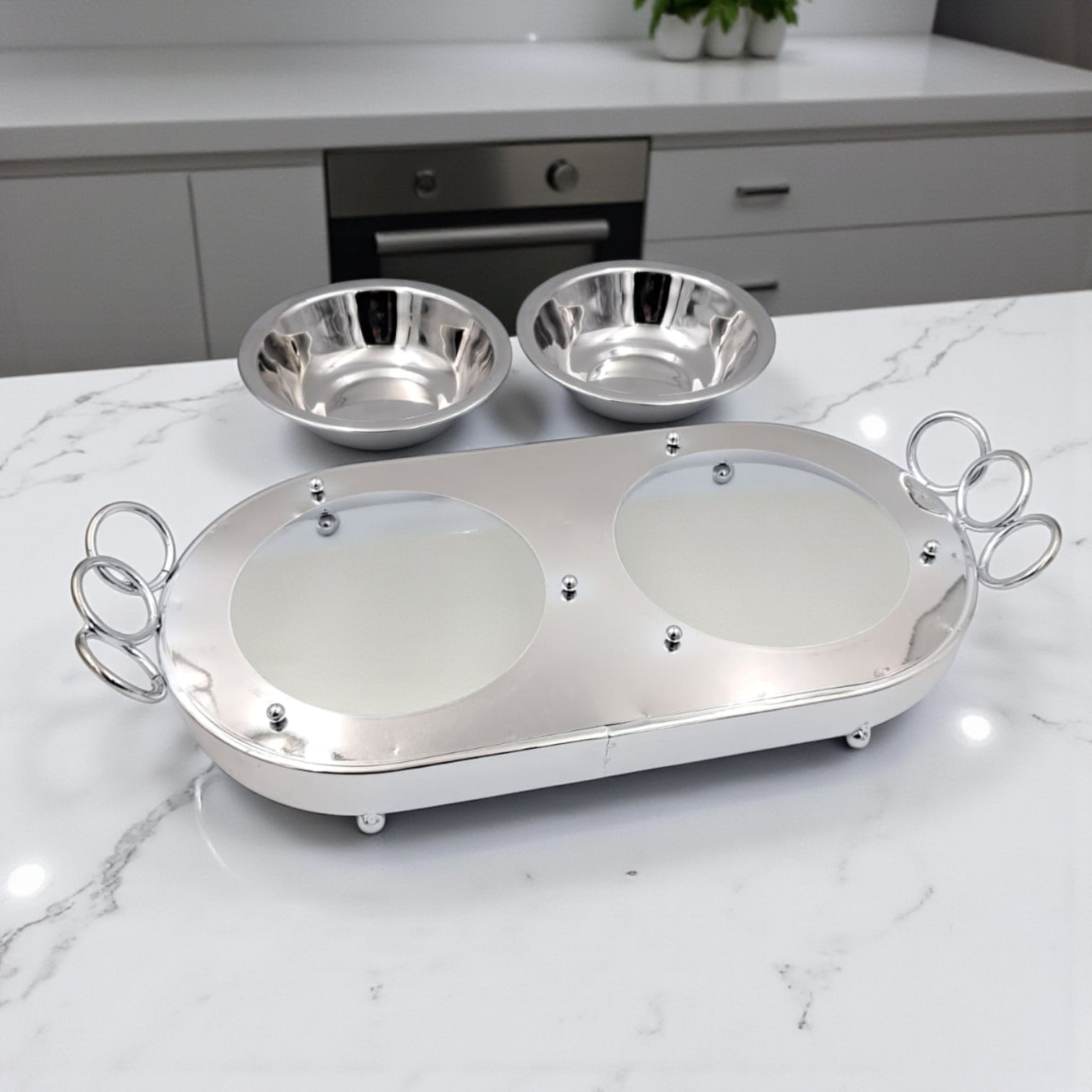 Double Dome Palm Tree Serving Tray – Silver Metal Base with Clear Acrylic Lids | Elegant Dual Dish Server for Desserts, Snacks & Sweets